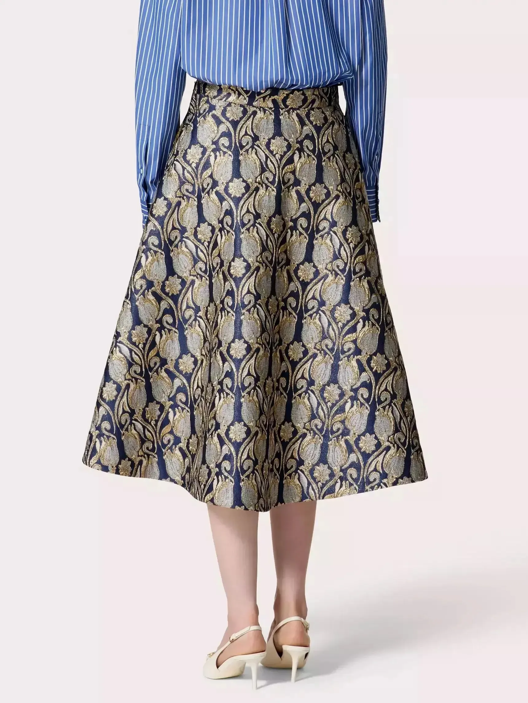 A-Line Tulips Brocade Midi Skirt