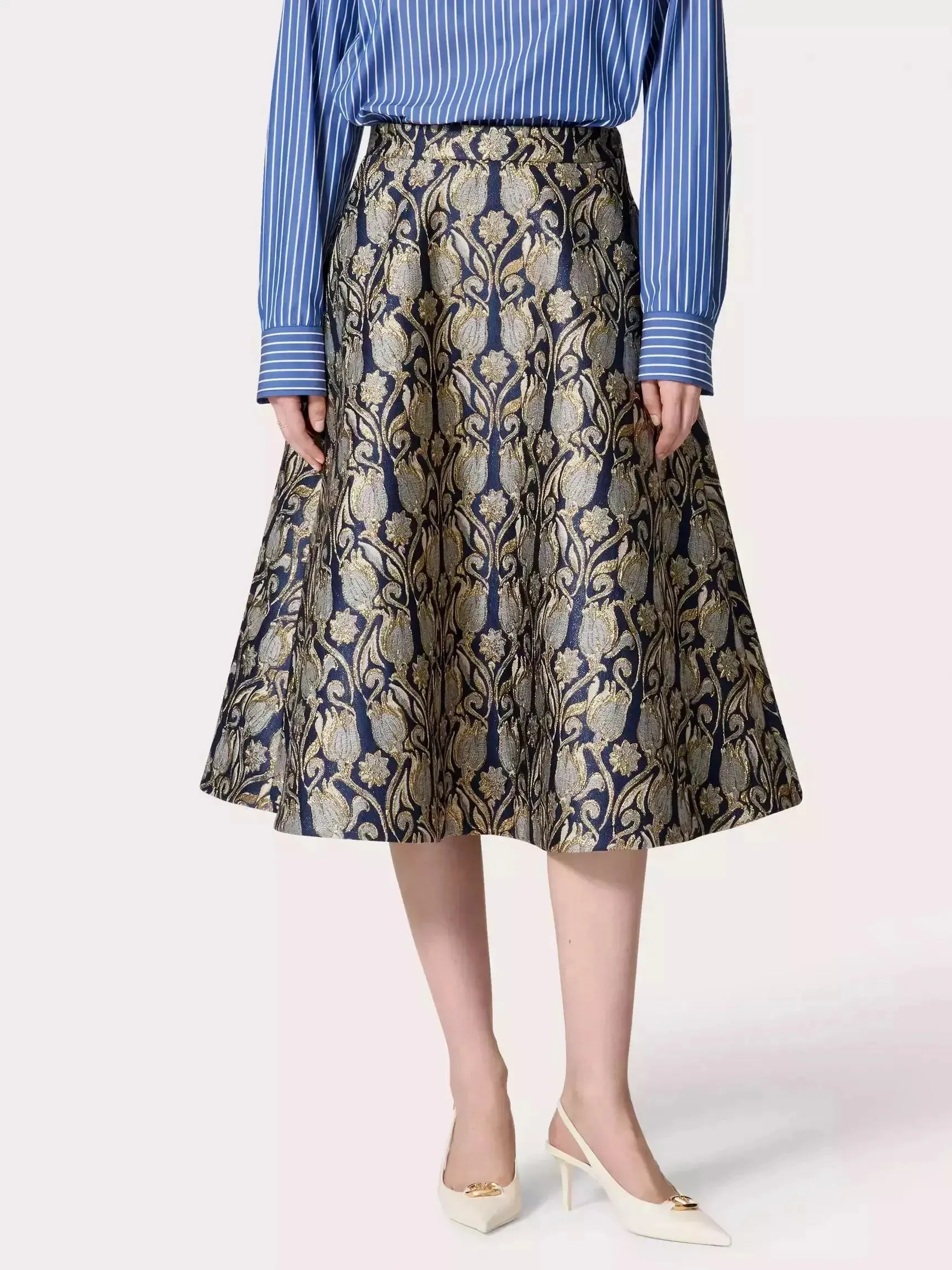 A-Line Tulips Brocade Midi Skirt