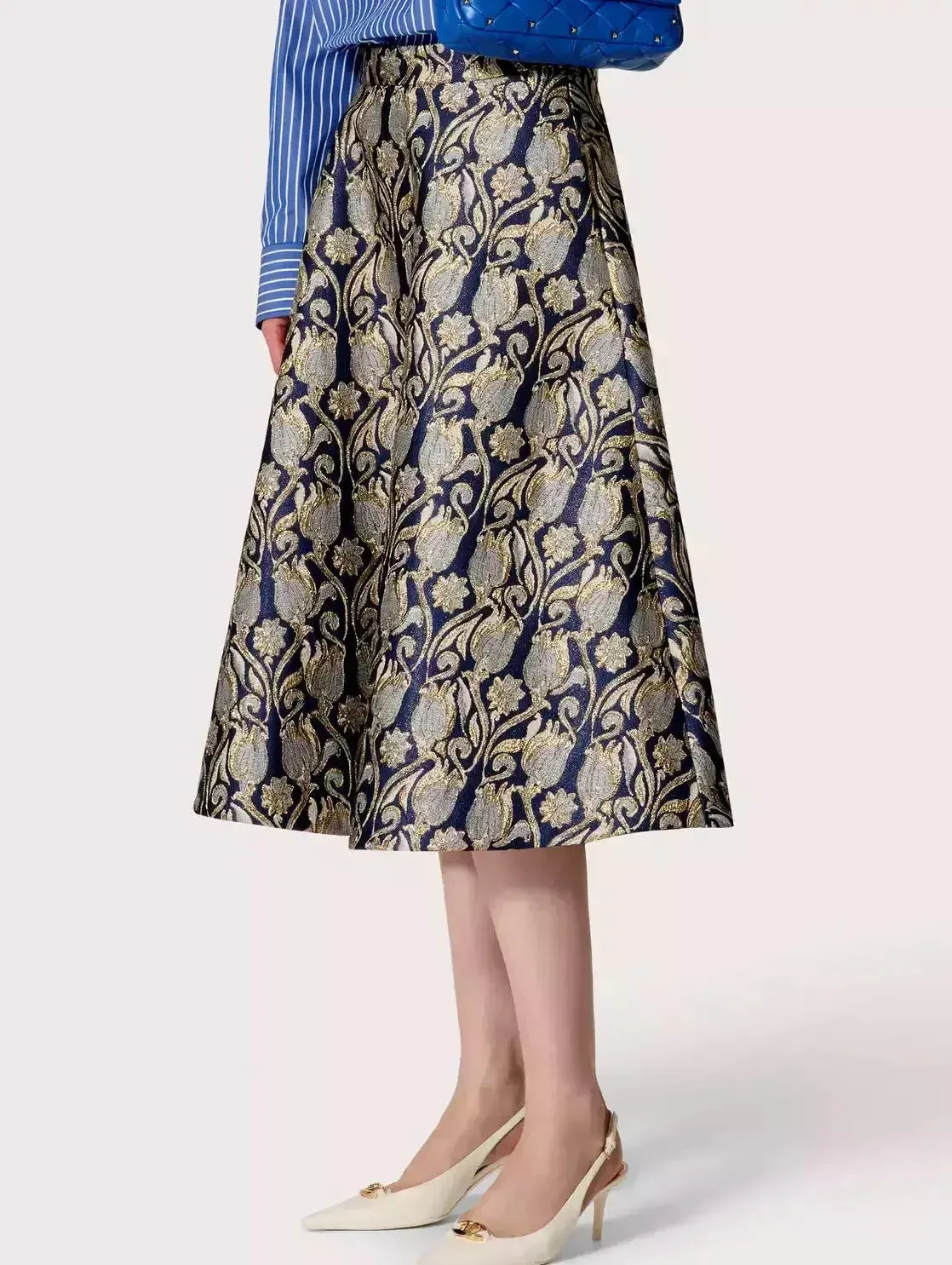 A-Line Tulips Brocade Midi Skirt