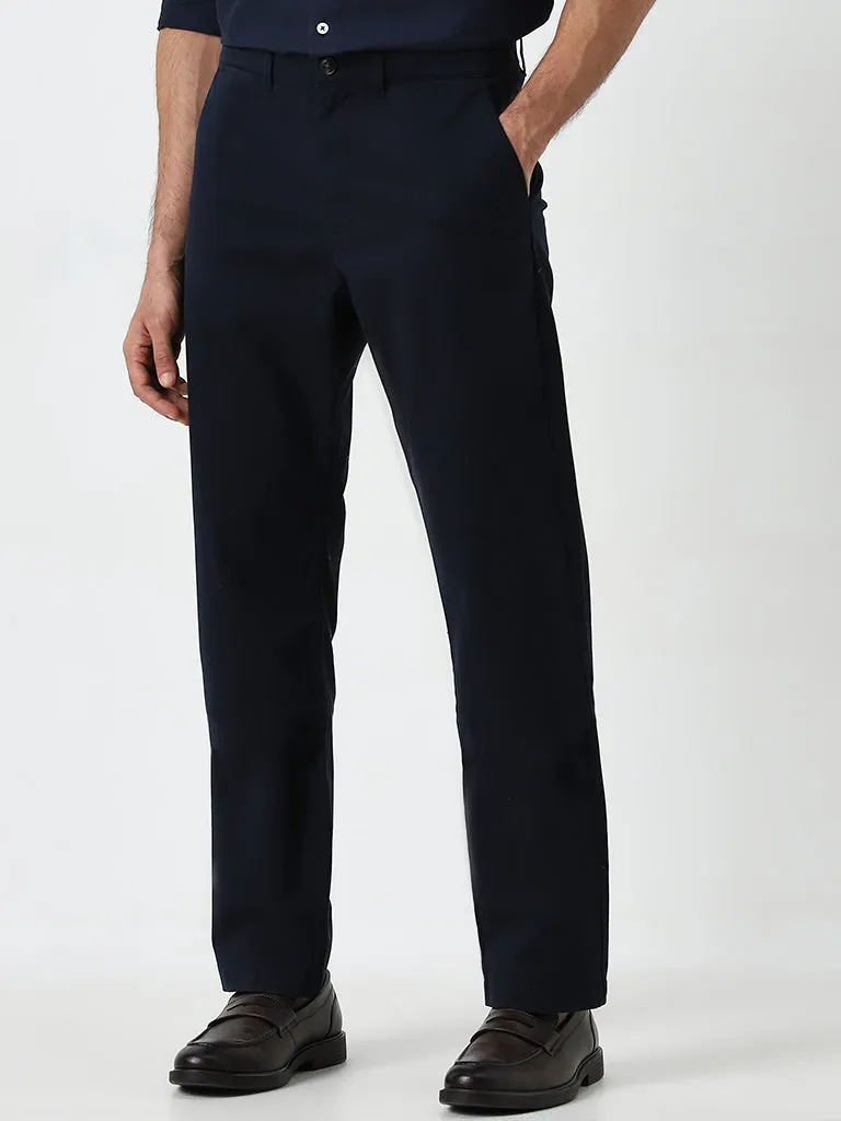 Ascot Navy Solid Relaxed-Fit Mid-Rise Cotton-Blend Chinos