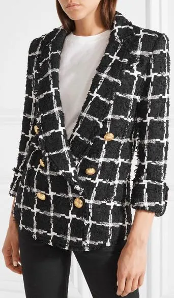 Black Double-Breasted Checked Tweed Blazer