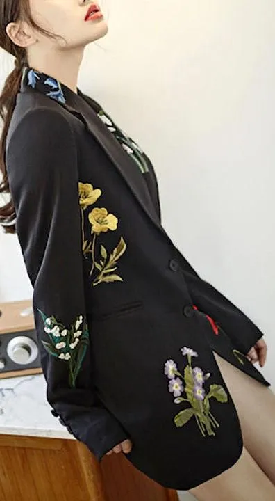 Black Floral Embroidered Blazer-Jacket