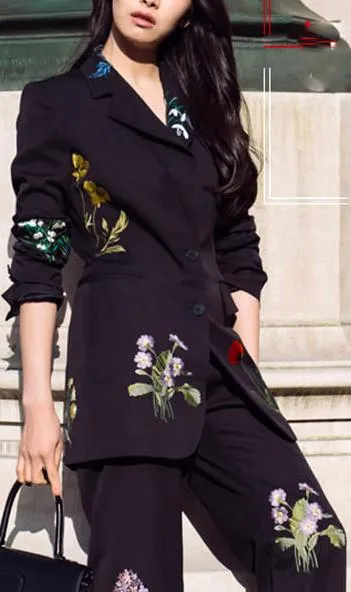 Black Floral Embroidered Blazer-Jacket