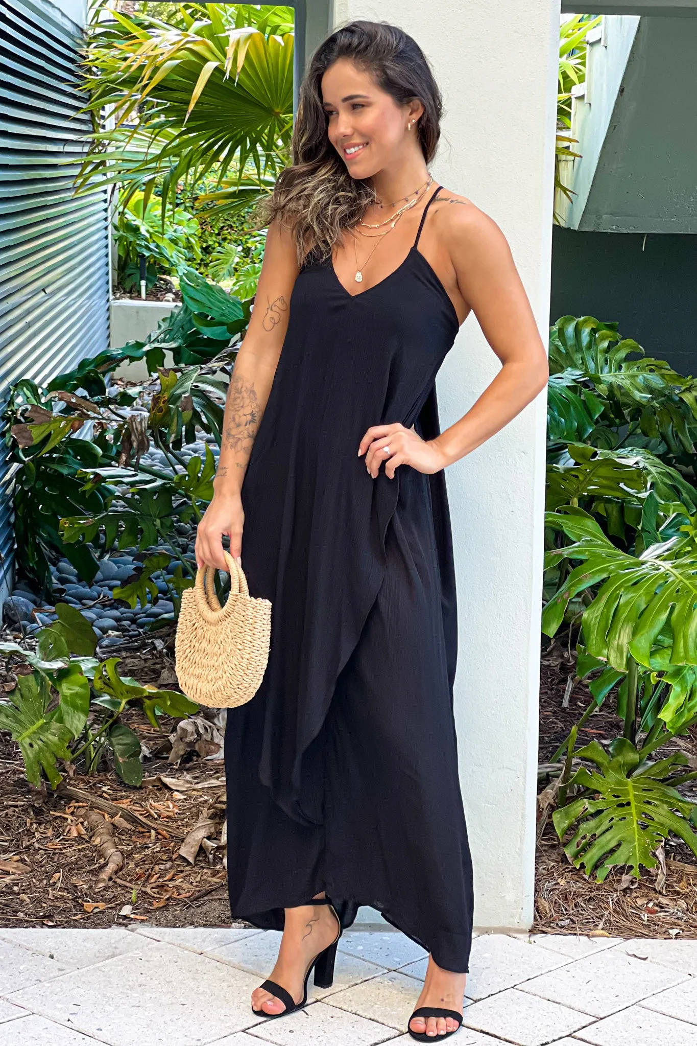 Black Sleeveless Draped Maxi Dress