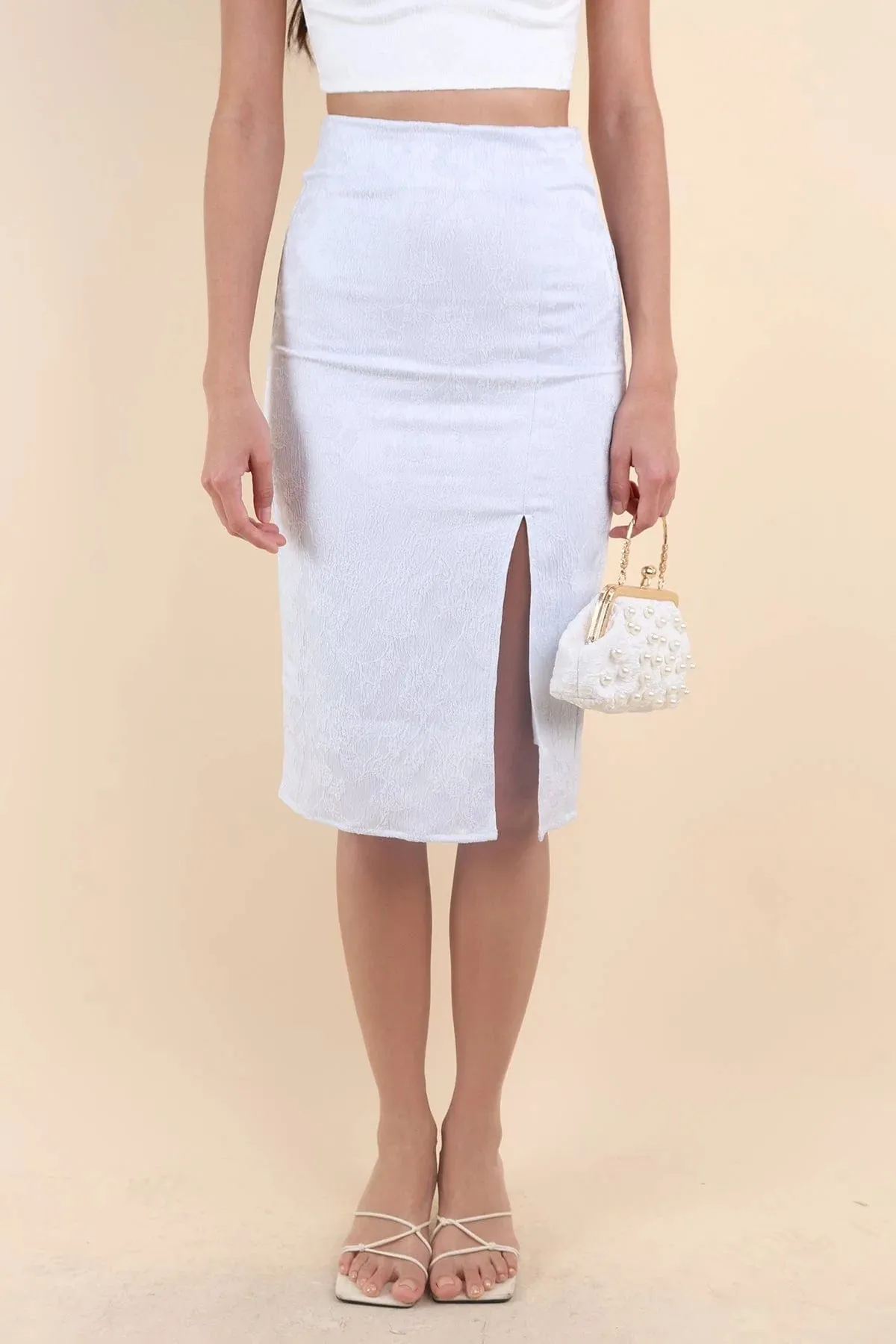 BLOSSOM EMBOSSED MIDI SKIRT IN BABY BLUE