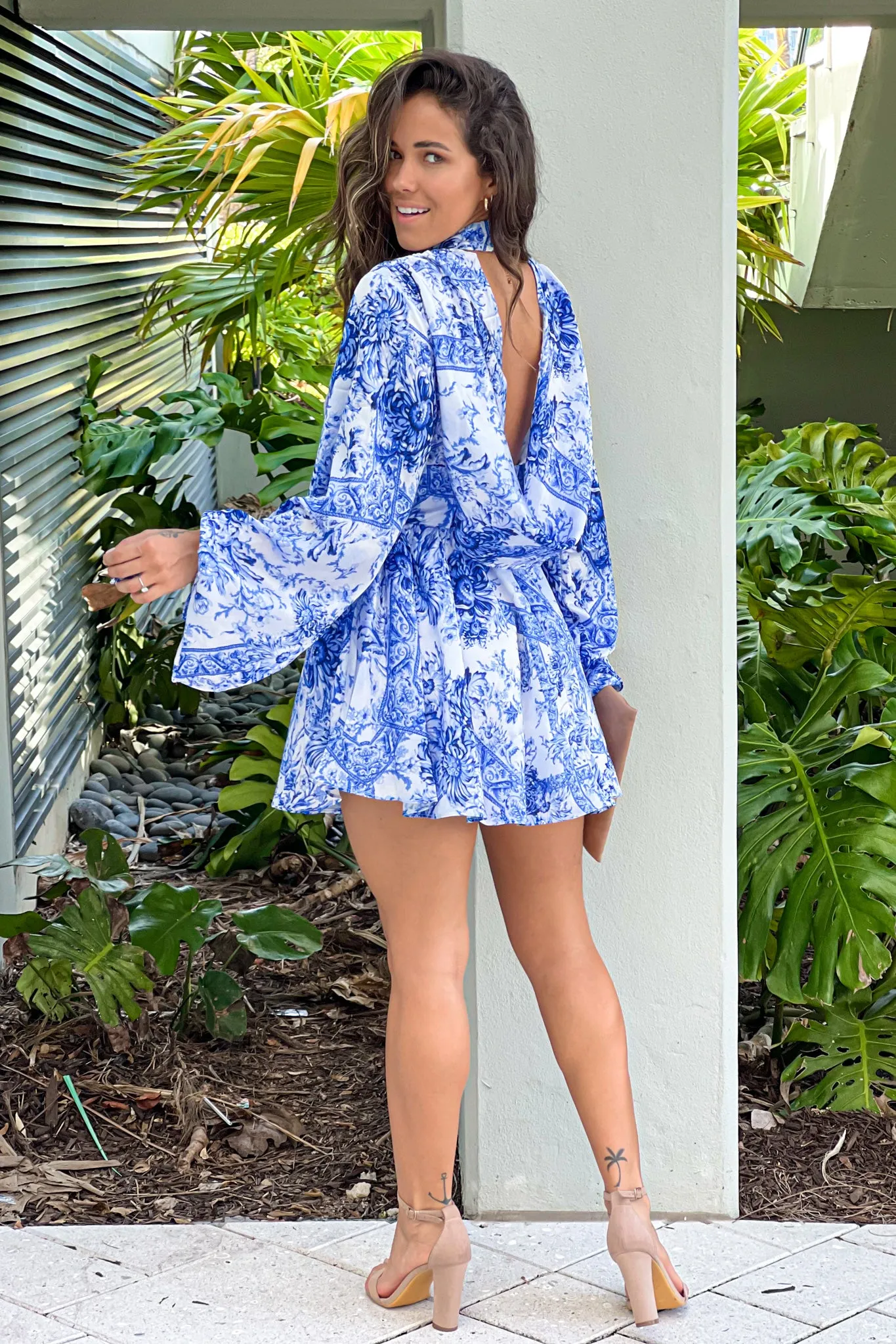 Blue Printed Short Dress With Draped Back