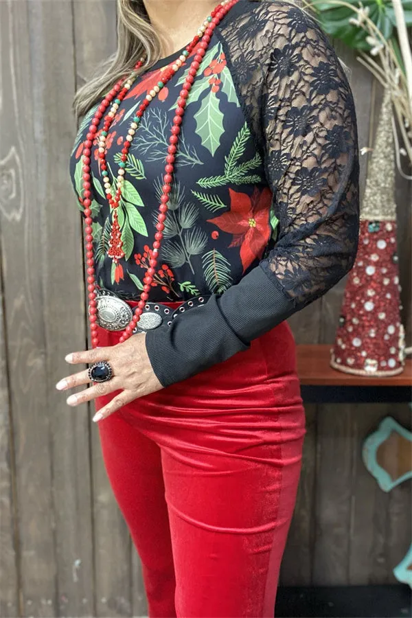 BQ15432 Body leaves&floral green/red color printed raglan long sleeve w/black lace women tops