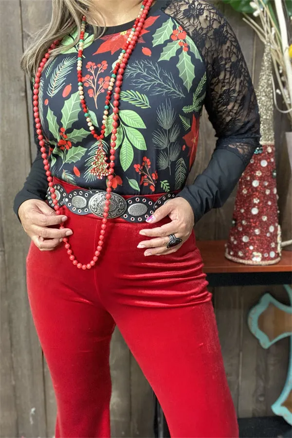 BQ15432 Body leaves&floral green/red color printed raglan long sleeve w/black lace women tops