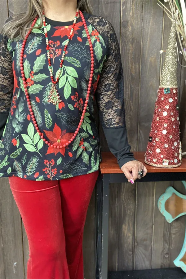 BQ15432 Body leaves&floral green/red color printed raglan long sleeve w/black lace women tops