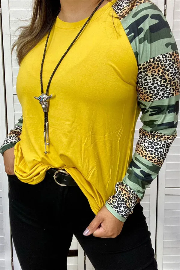 BQ8575 Camo&Leopard printed yellow block body raglan long sleeve women tops (ES9)