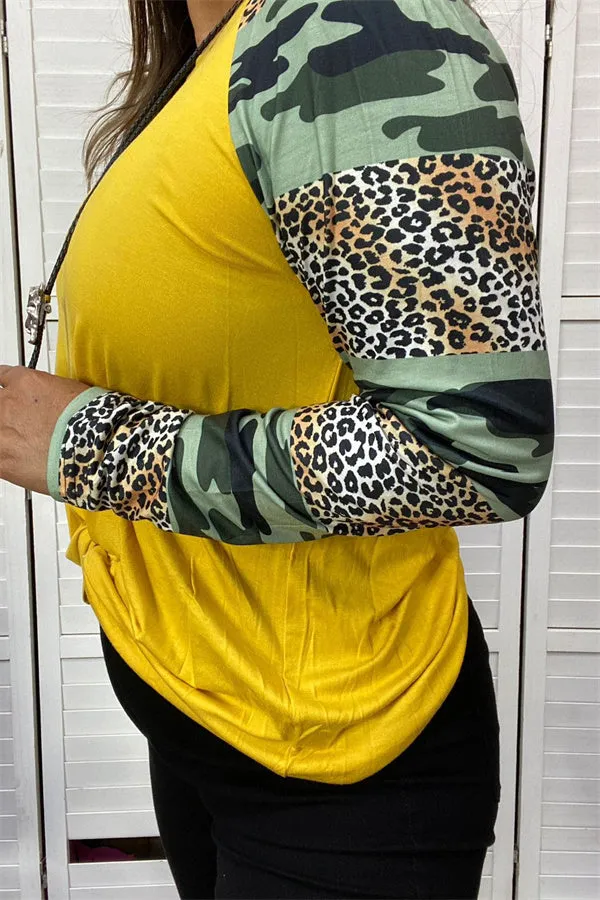 BQ8575 Camo&Leopard printed yellow block body raglan long sleeve women tops (ES9)