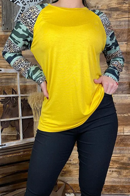 BQ8575 Camo&Leopard printed yellow block body raglan long sleeve women tops (ES9)