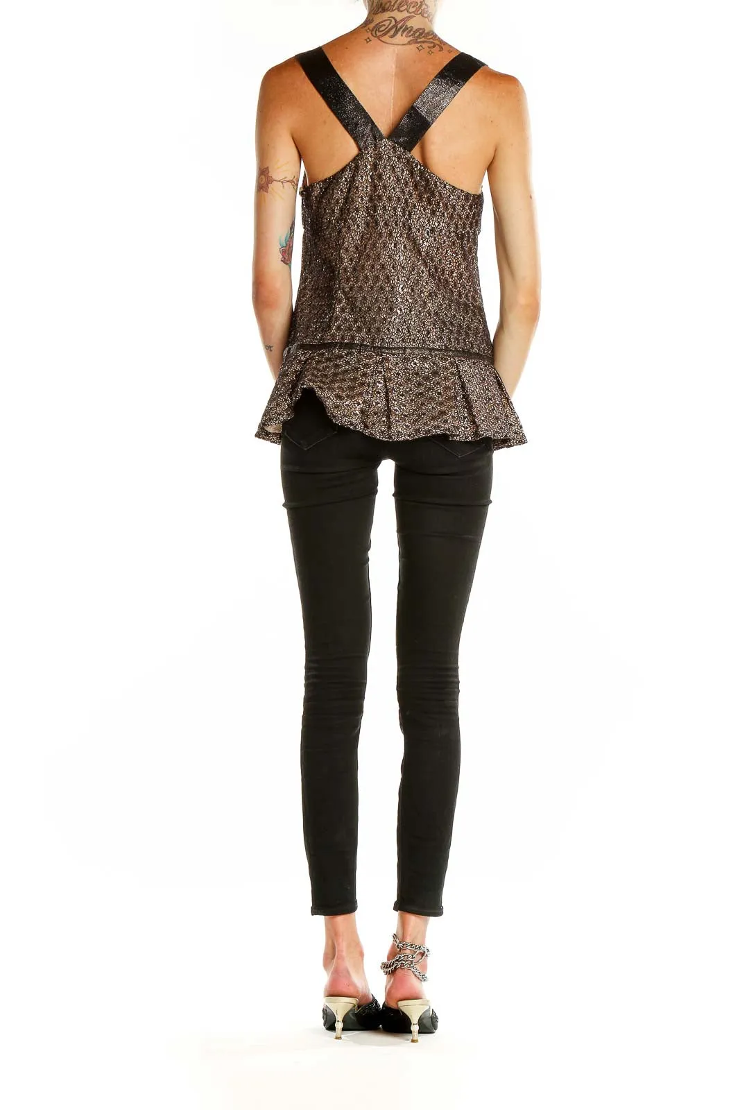 Brown Patterned Sleeveless Peplum Top