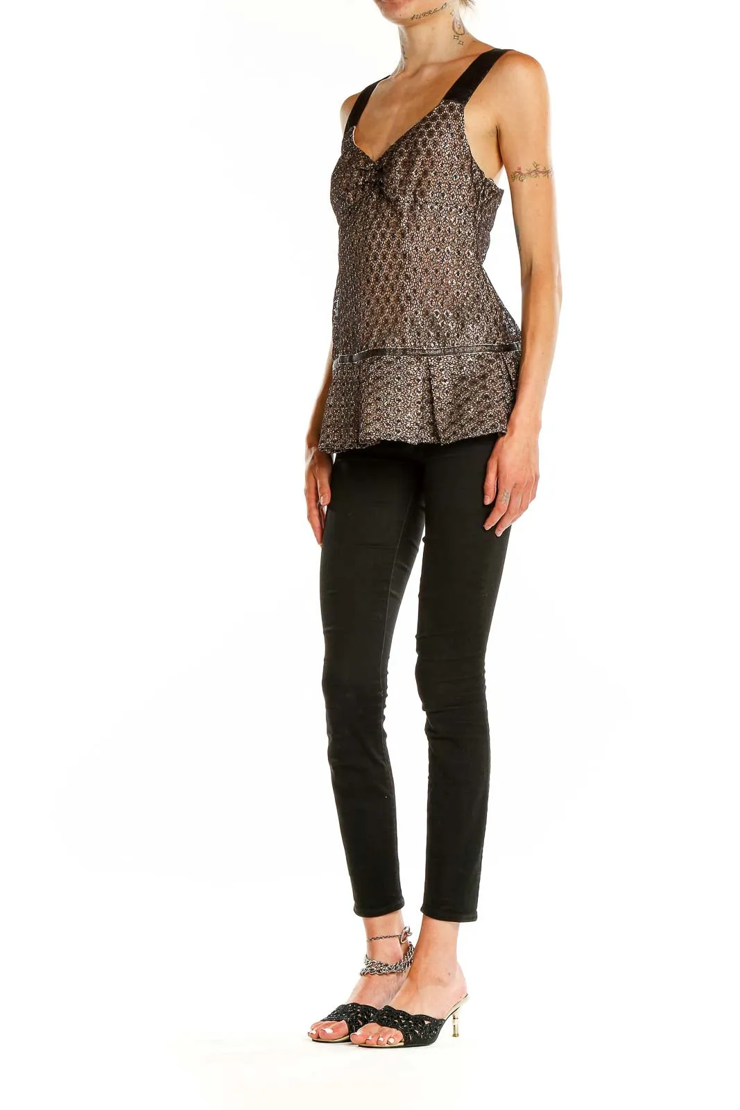 Brown Patterned Sleeveless Peplum Top