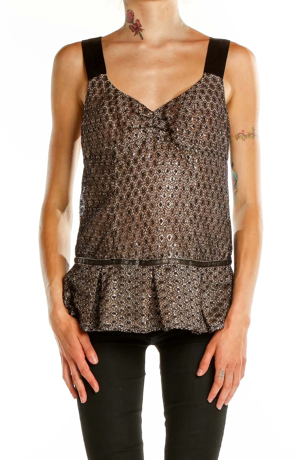 Brown Patterned Sleeveless Peplum Top