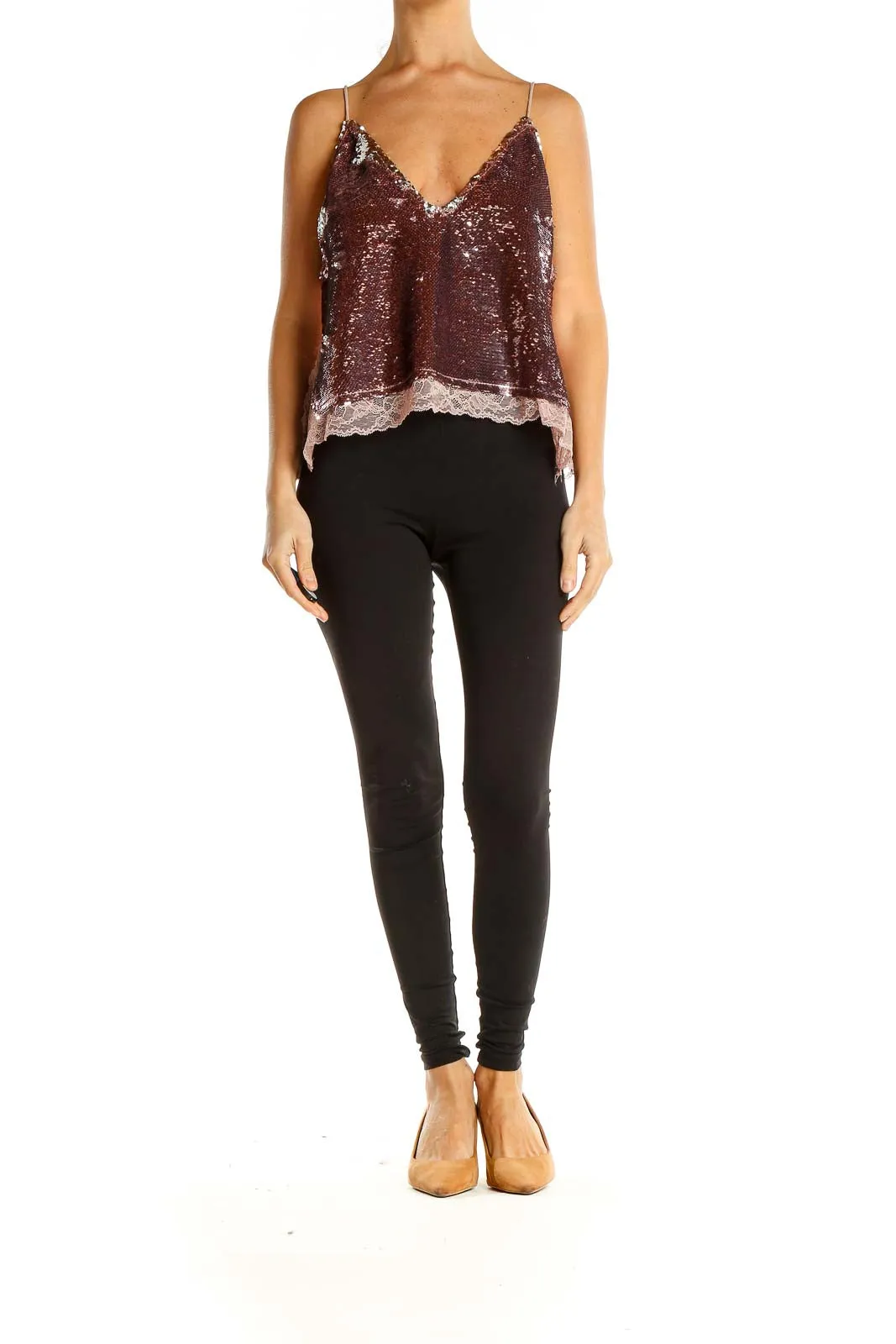 Burgundy Sequin Lace-Trimmed Camisole