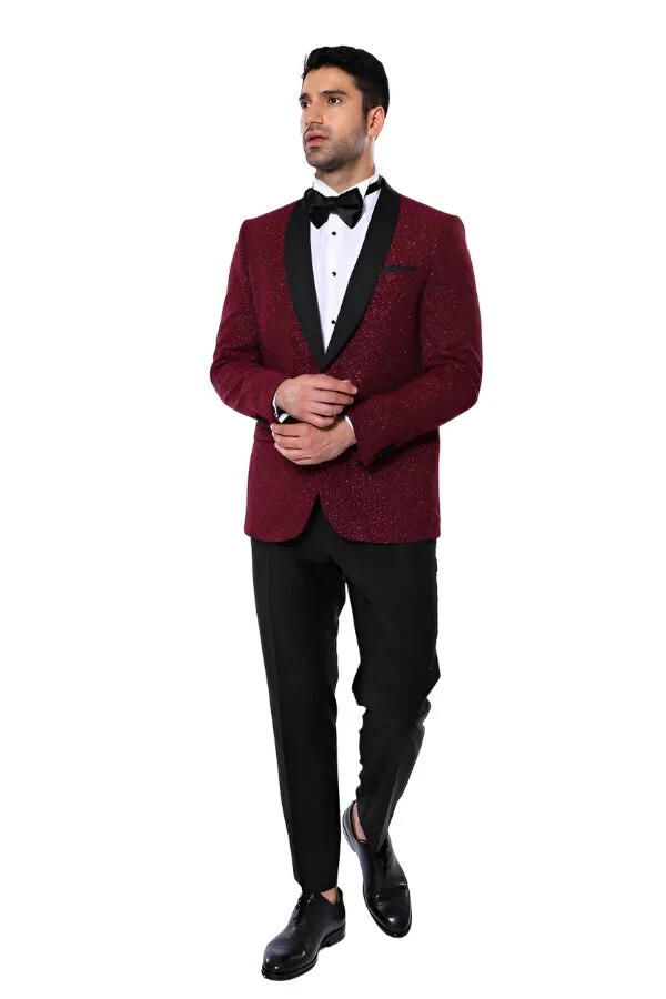 Burgundy Shawl Lapel Sparkly Men Tuxedo Jacket - Wessi