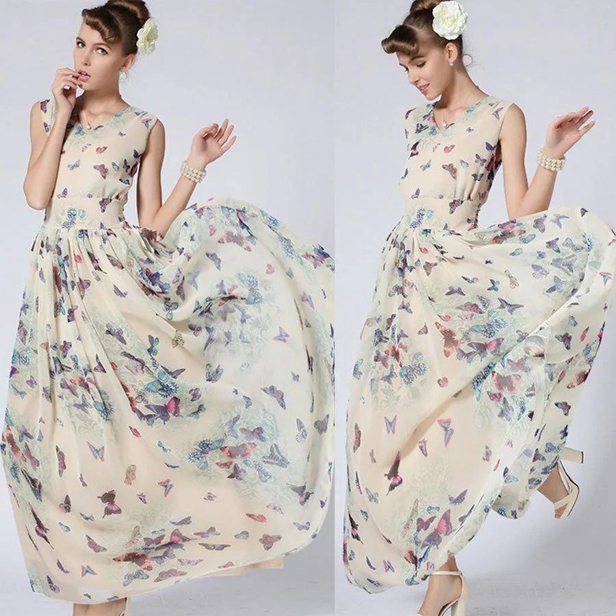 Butterfly Floral Print Sleeveless Long Chiffon Dress