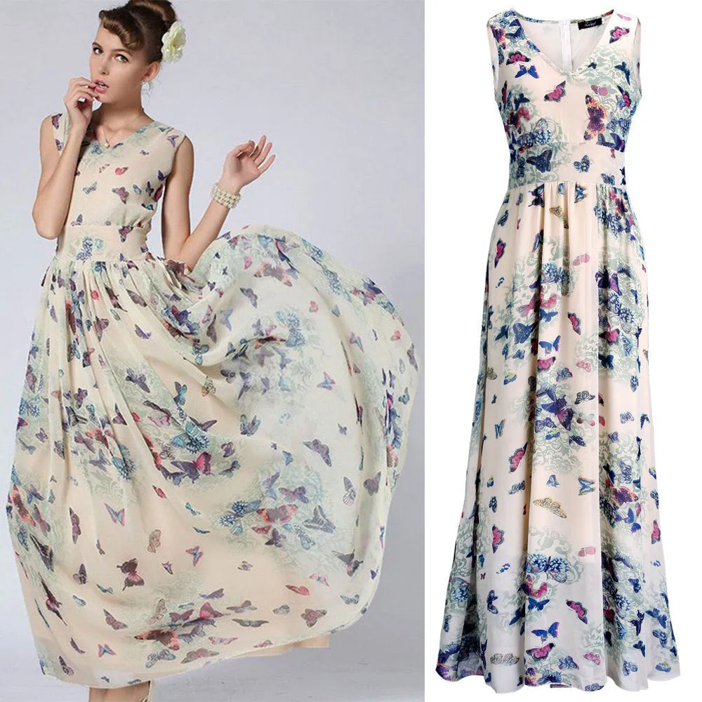 Butterfly Floral Print Sleeveless Long Chiffon Dress