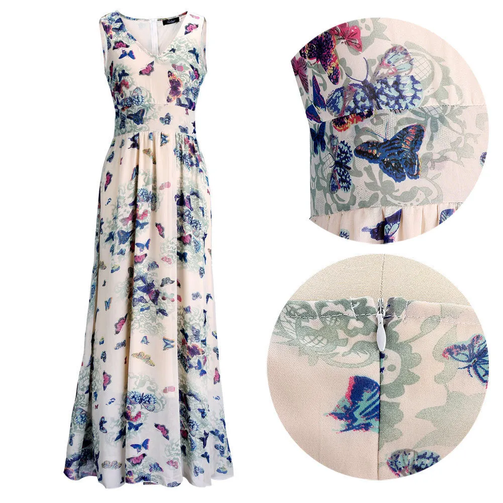 Butterfly Floral Print Sleeveless Long Chiffon Dress