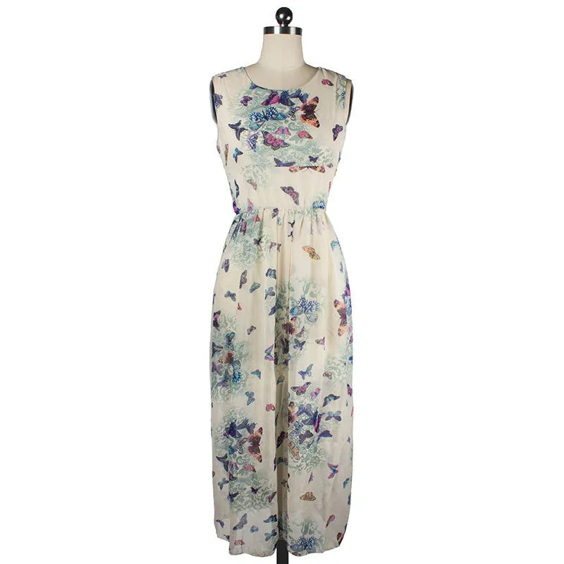 Butterfly Floral Print Sleeveless Long Chiffon Dress