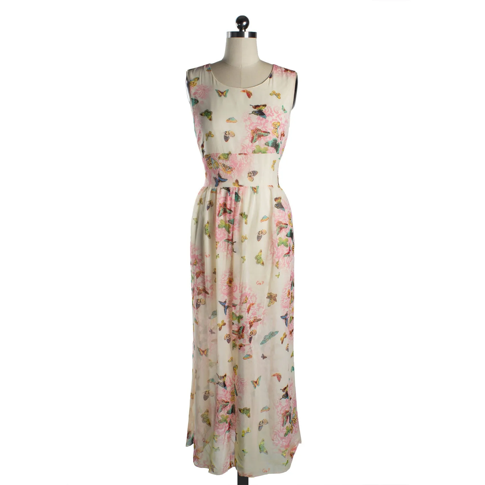 Butterfly Floral Print Sleeveless Long Chiffon Dress