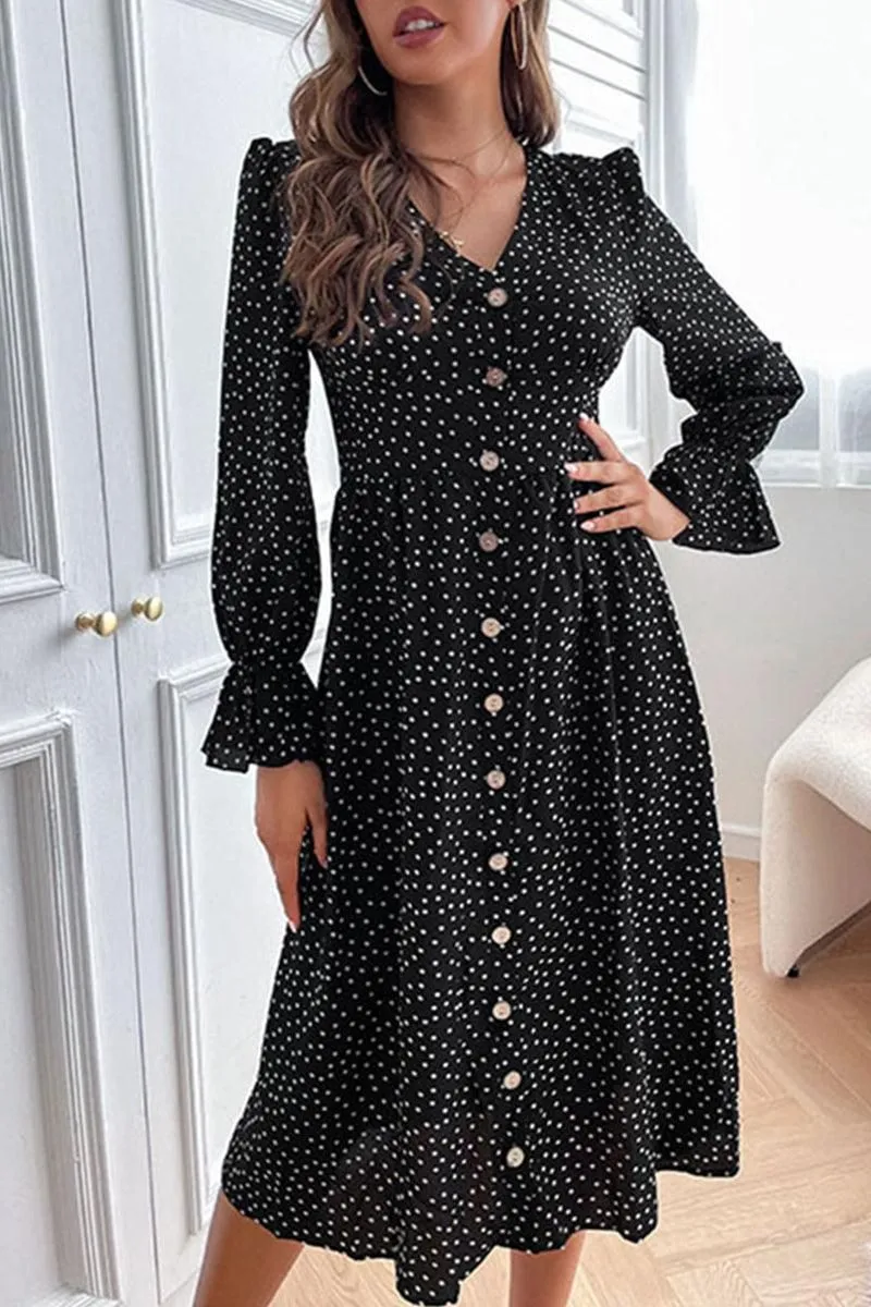 BUTTONED RUFFLED SLEEVE POLKA DOT MIDE DRESS