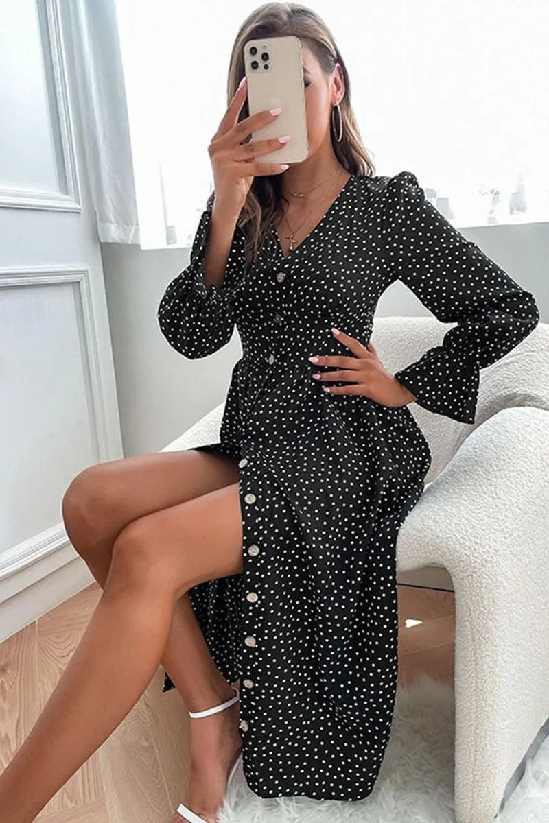 BUTTONED RUFFLED SLEEVE POLKA DOT MIDE DRESS