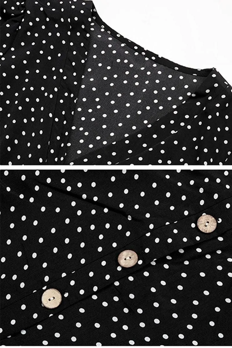 BUTTONED RUFFLED SLEEVE POLKA DOT MIDE DRESS