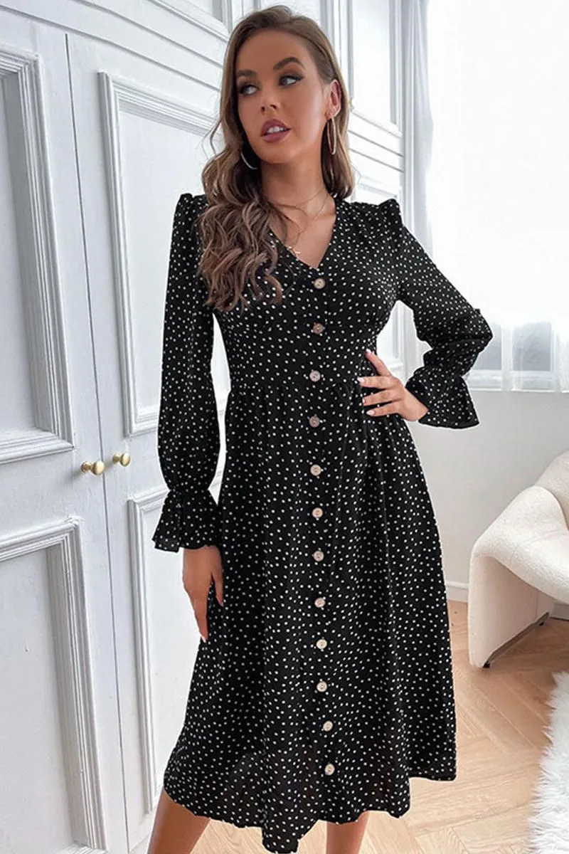 BUTTONED RUFFLED SLEEVE POLKA DOT MIDE DRESS