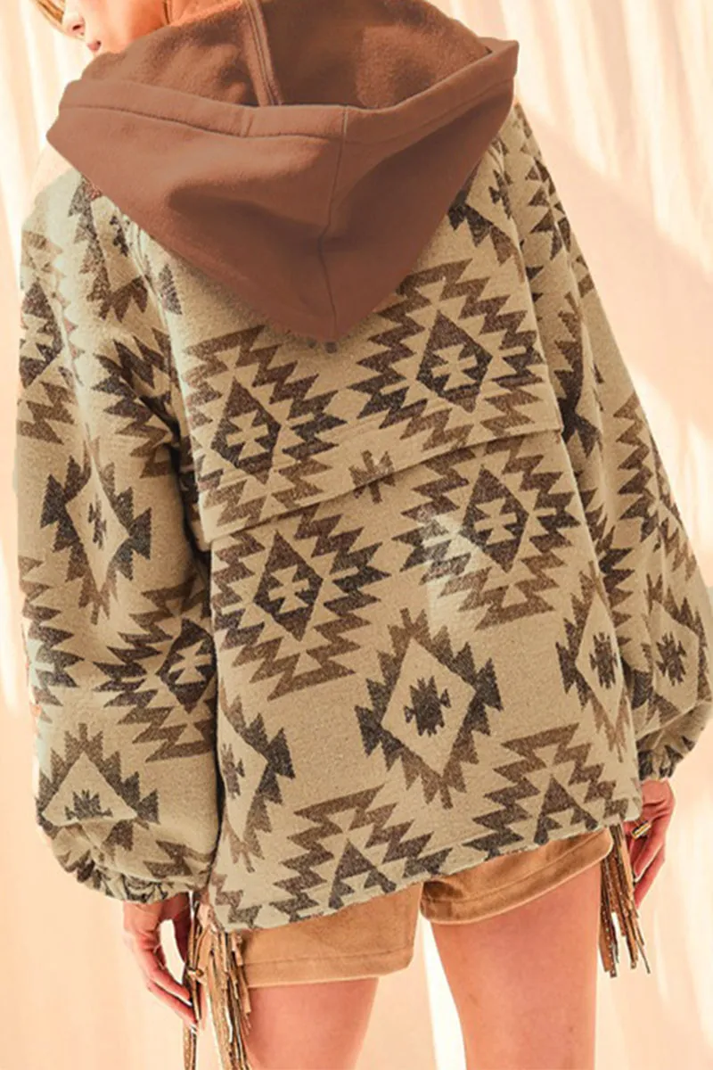 Casual Geometric Printing Hooded Collar Tops