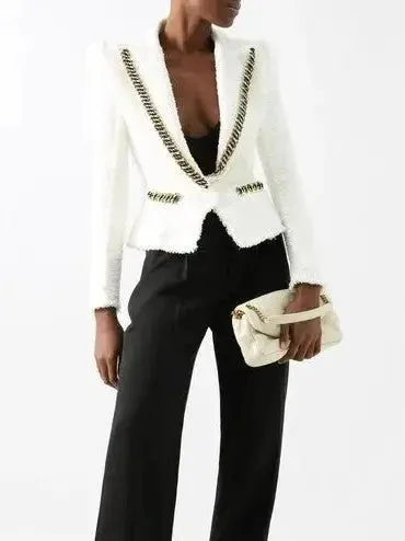 Chain-Trim White Tweed Blazer