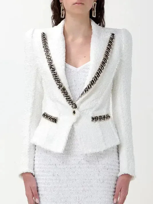 Chain-Trim White Tweed Blazer