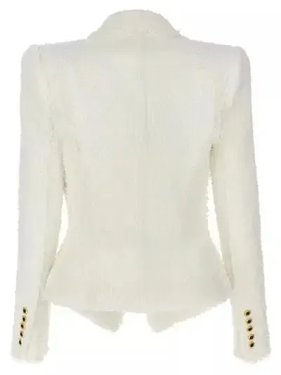 Chain-Trim White Tweed Blazer