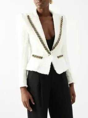 Chain-Trim White Tweed Blazer