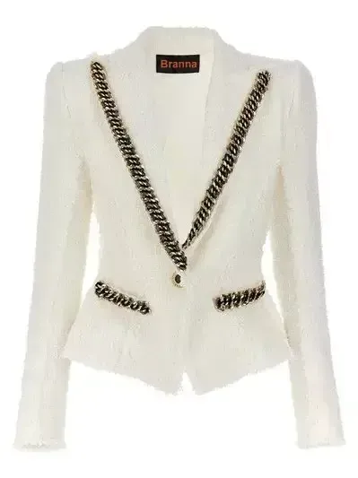 Chain-Trim White Tweed Blazer