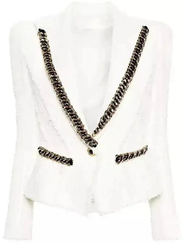 Chain-Trim White Tweed Blazer