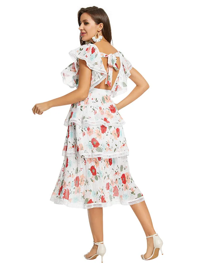 Chiffon Floral Print Square Neckline Cut-out High Waist Layered Dress