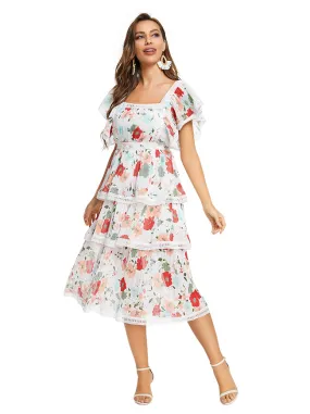 Chiffon Floral Print Square Neckline Cut-out High Waist Layered Dress