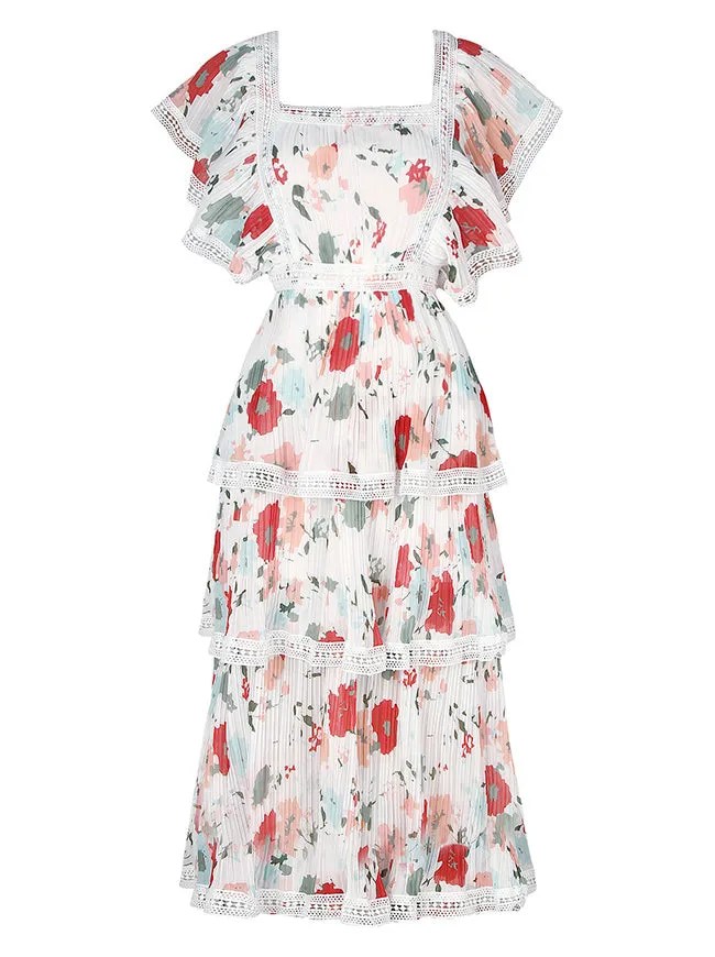 Chiffon Floral Print Square Neckline Cut-out High Waist Layered Dress