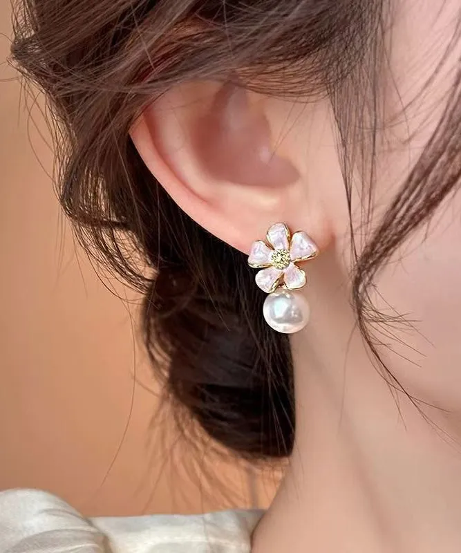 Cute Pink Copper Alloy Floral Pearl Stud Earrings WH037