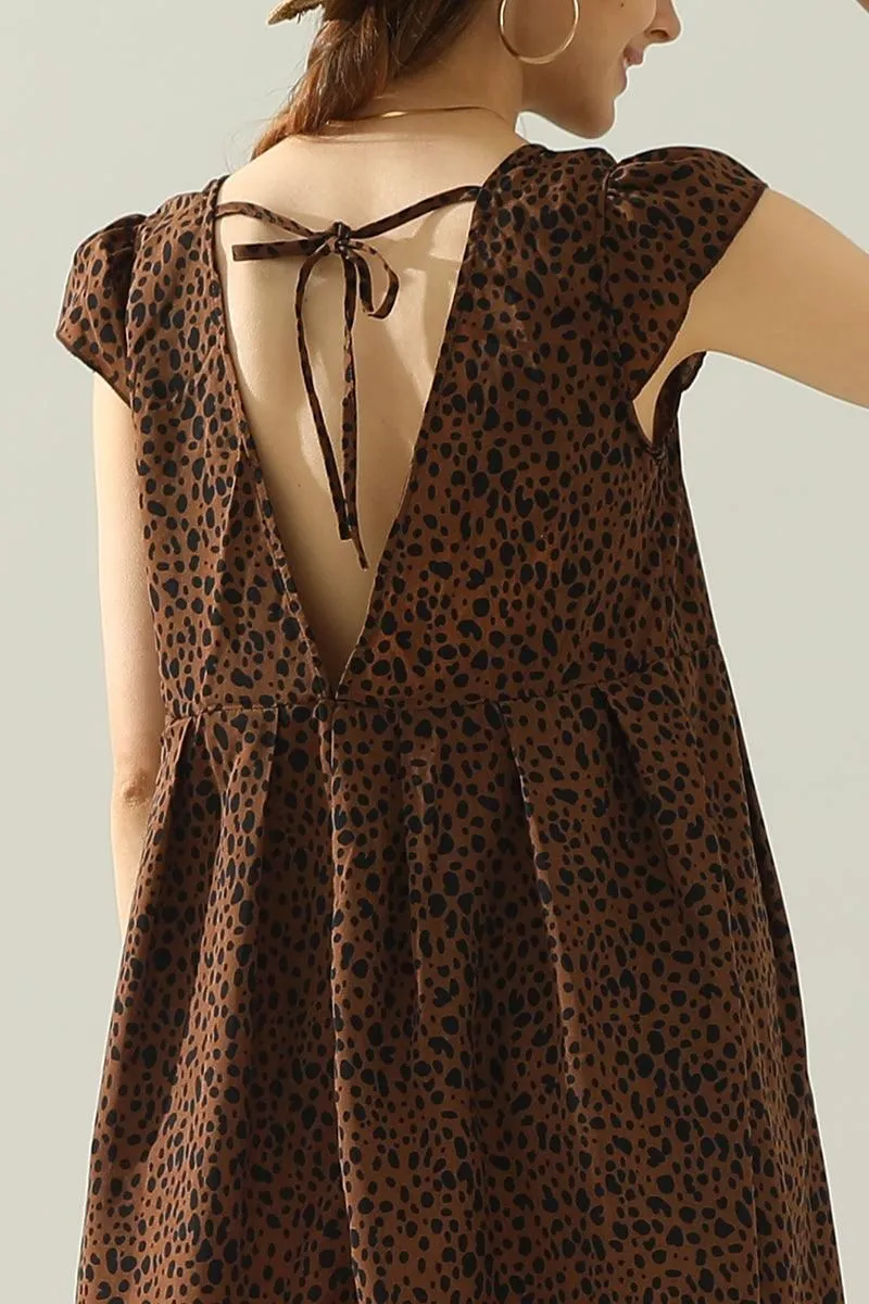 DEEP V BACK TIED ANGEL WINGS LEOPARD DRESS