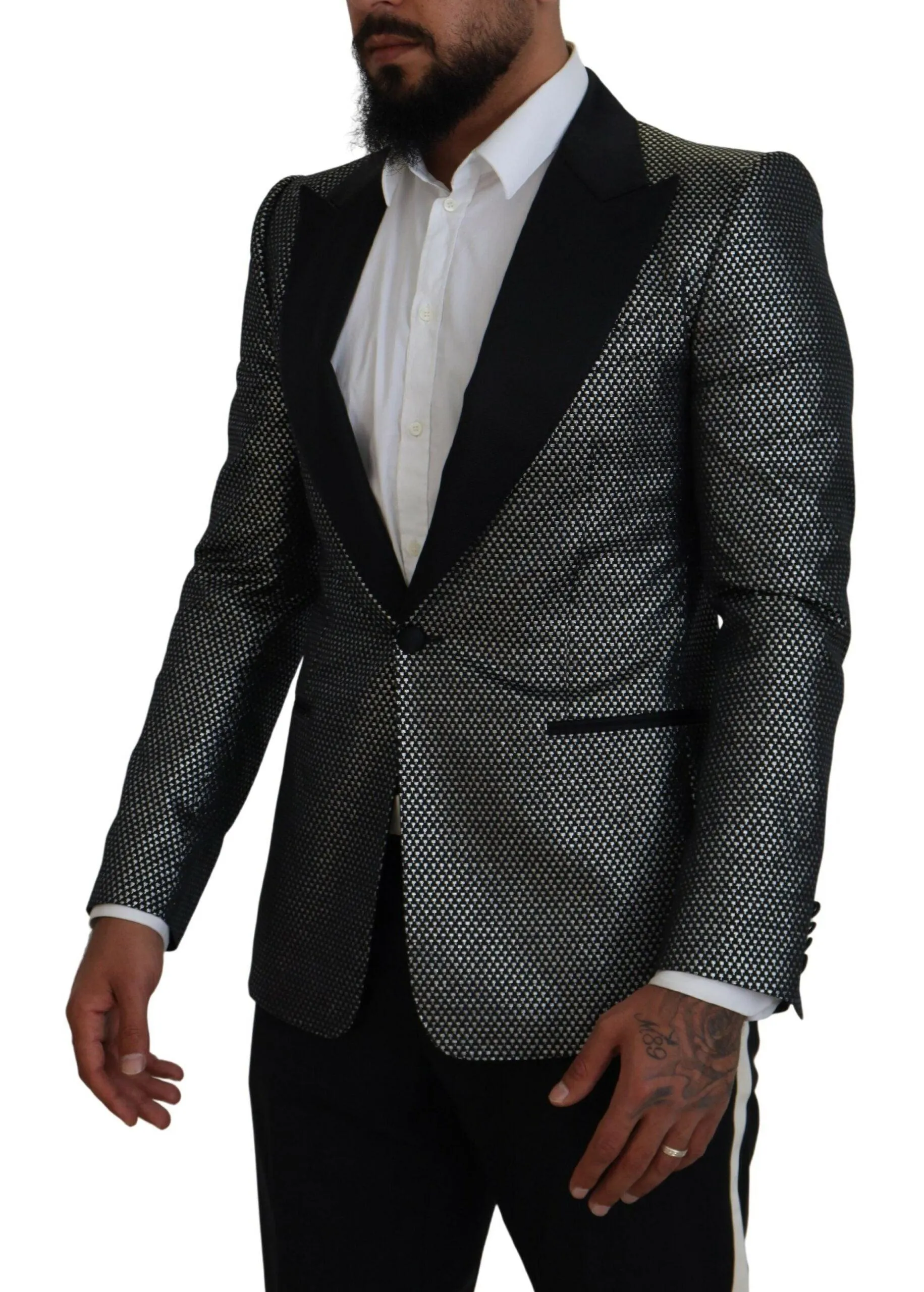 Dolce & Gabbana Black Silver Jacquard Slim Fit Jacket Blazer