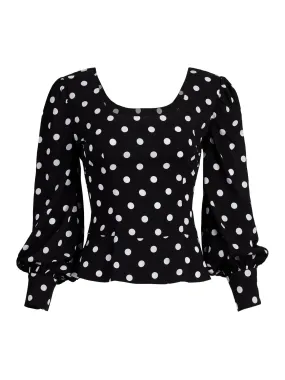 Dot-Print Puff-Sleeve Peplum Top