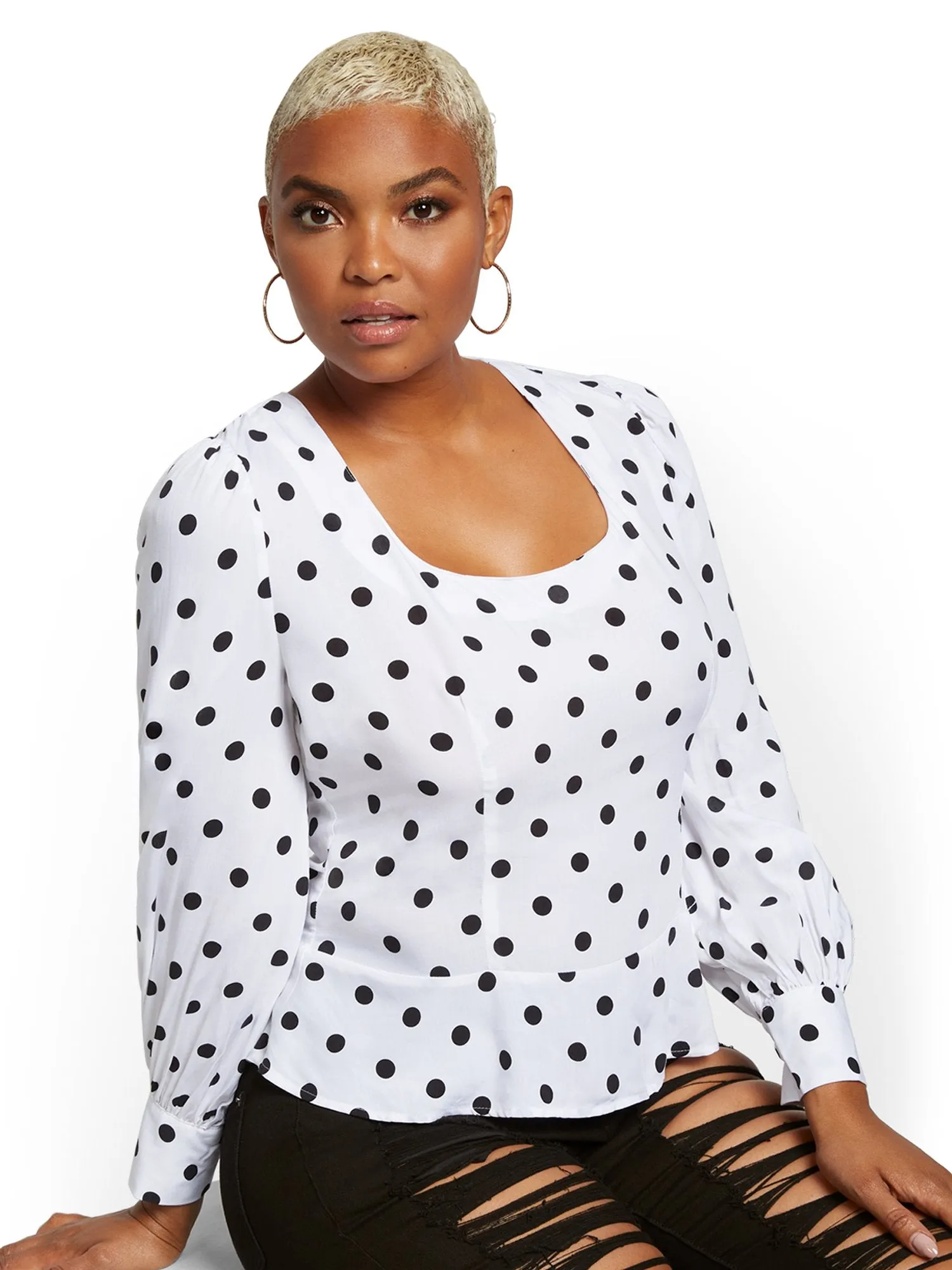 Dot-Print Puff-Sleeve Peplum Top