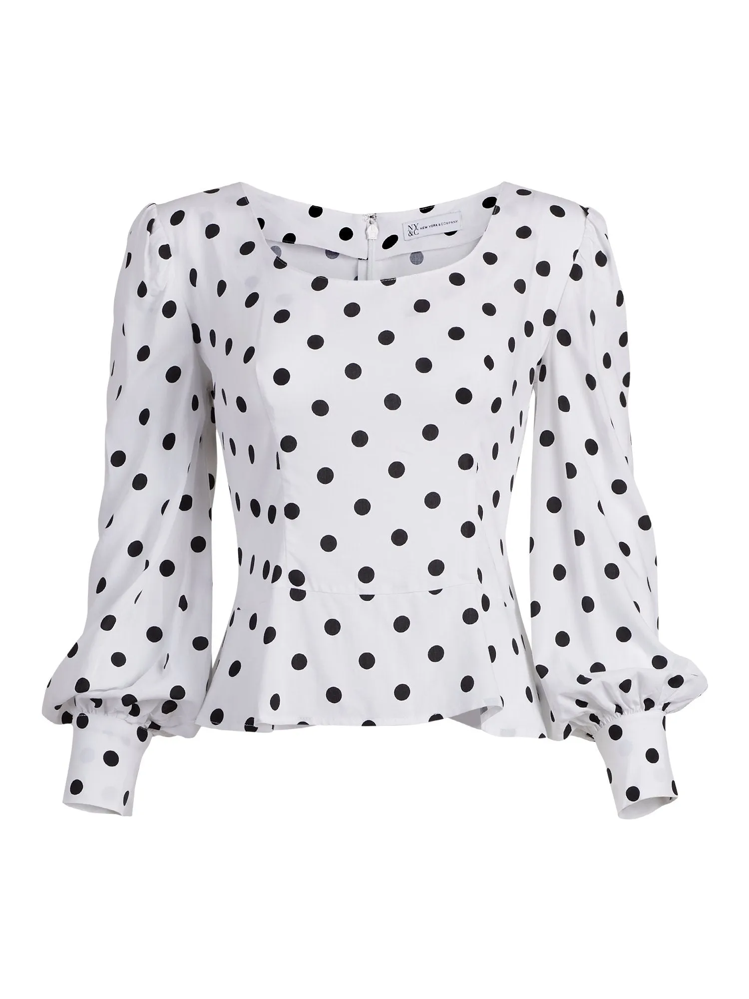 Dot-Print Puff-Sleeve Peplum Top