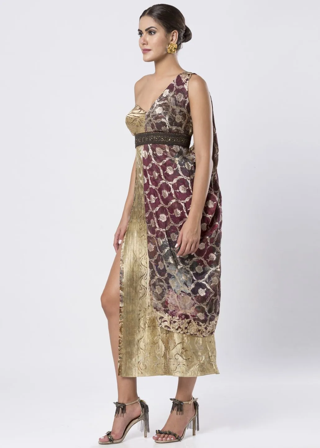 DRAPED BROCADE DRESS