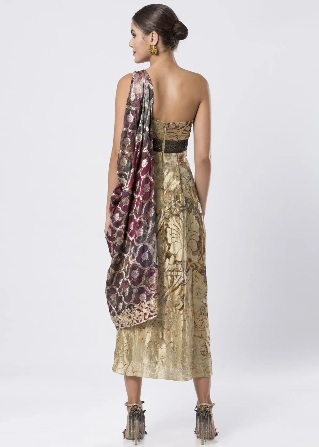 DRAPED BROCADE DRESS