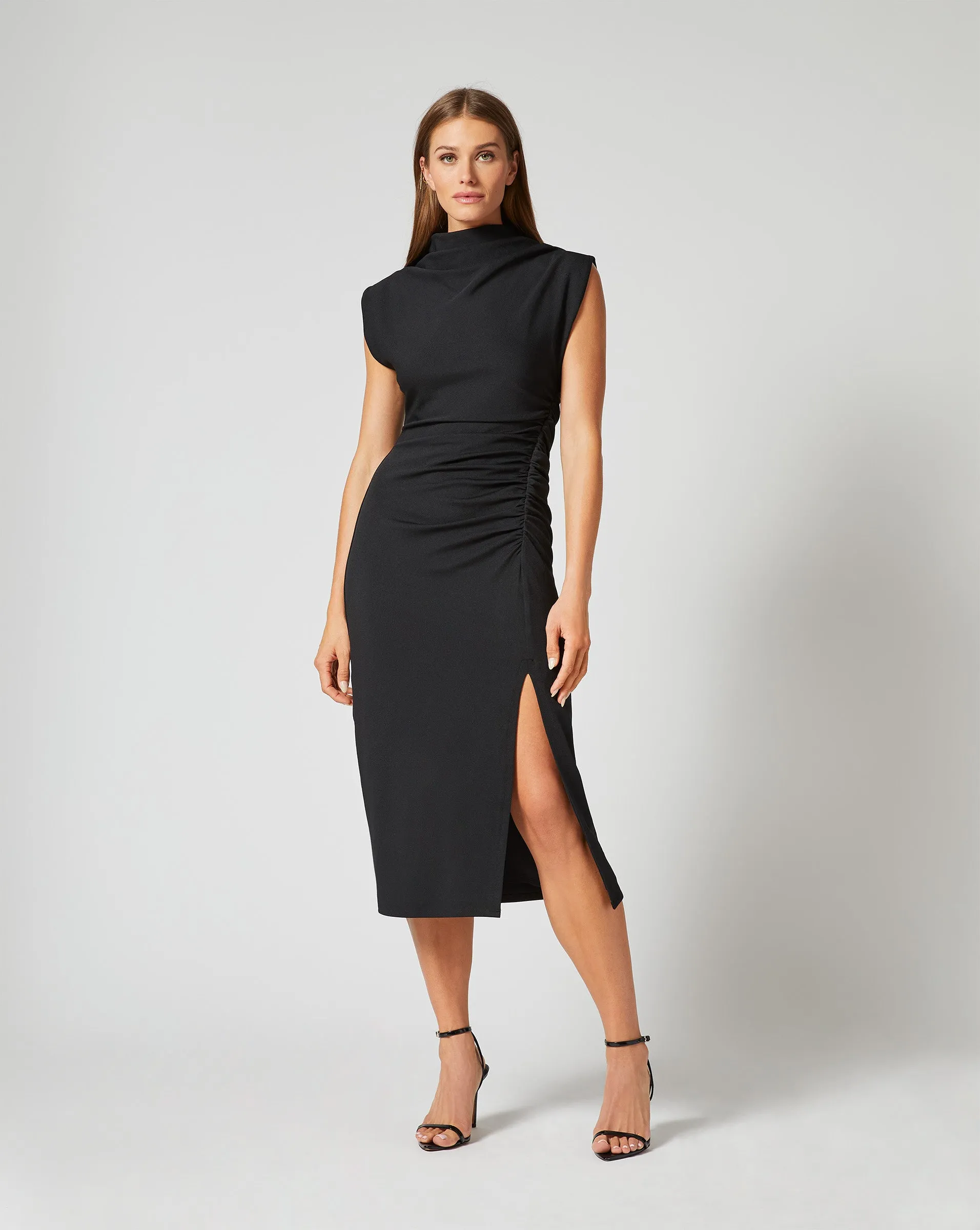 Draped Mock Neck Midi Dress