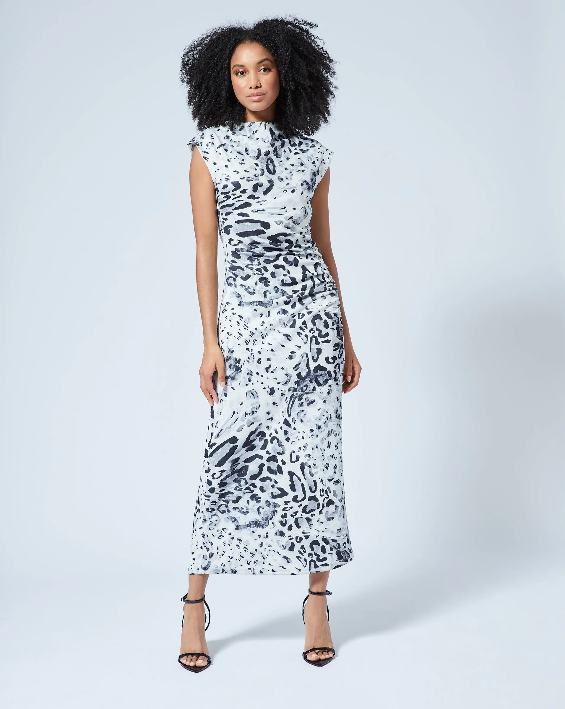 Draped Mock Neck Midi Dress